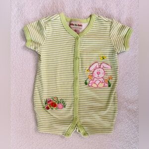 Toffee Apple Embroidered Easter Bunny and Eggs Green and White Striped Romper